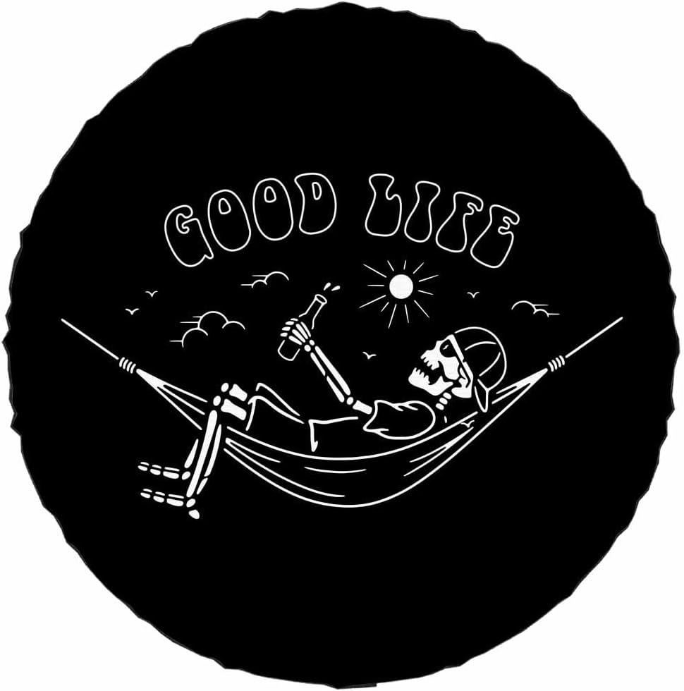 Skeleton in Hammock Spare Tire Cover Beautiful Life White Black Background Wheel Covers for RV Tires Camper Tire Case Protectors for Trailer Rv SUV Truck Travel Trailer 17 in