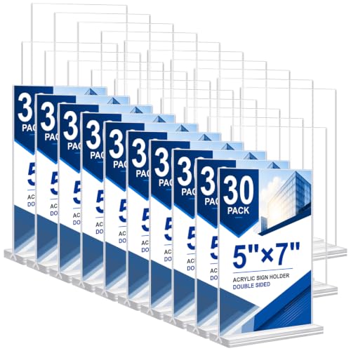 DunGu Acrylic Sign Holder 5 x 7, 30 Pack Clear Table Menu Vertical Display Stand Desktop Display Double Sided Stand Paper Holder Table Sign Suitable for Restaurants Office Store Show Fair