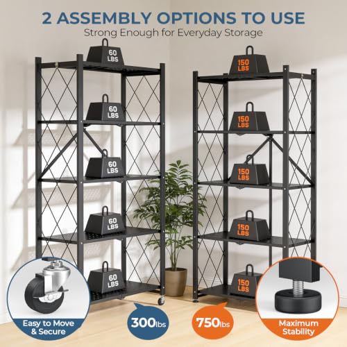Image of 5-Tier Folding Metal Storage Rack - 63 inch Heavy-Duty Steel Frame with Wheels, No Assembly Utility Organizer, Rolling Shelving Unit for Kitchen, Garage, Pantry, Bedroom (Black, 5 Tier)