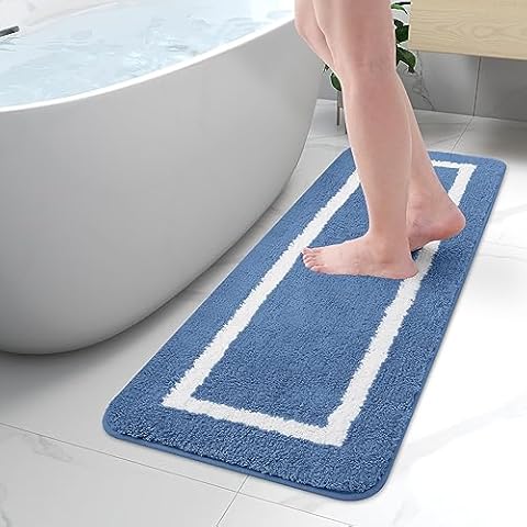 Kitinjoy Luxury Bathroom Rug Mat, Ultra Soft Water Absorbent Microfiber Bath Rug, Non Slip Plush Shaggy Bath Carpet, Machine Wash Dry, Bath Mats for Bathroom Floor, Tub and Shower, 17 x 47, Sky Blue Cover