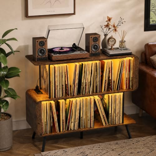 BACEKOLL Tocadiscos estantería con enchufe de la UE e iluminación LED, almacenamiento para 250 discos LPs, mesa grande con conector USB, armario multimedia para salón, nogal, 108 x 45 x 73