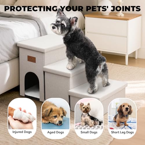 Image of Zerbuger Dog Stairs with Condo 18 inch H, 3-Step Wider Dog Steps for High Beds Couch, Folding Storage Pet Stairs Gift for Small /Medium /Large Old Dogs Cats, Ramp for Climbing Car Up to 200 lbs, Beige