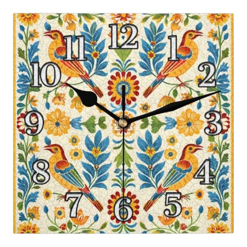 Mintoprints Mexican Style Talavera Wall Clock Bird Flower 12 Inches Square Clock Silent Non Ticking Battery Operated for Living Room Decor Clock