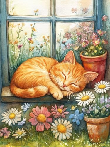 Kit de pintura de diamantes de gato y flores, mosaico DIY de 40x50cm para adultos Z#-1302