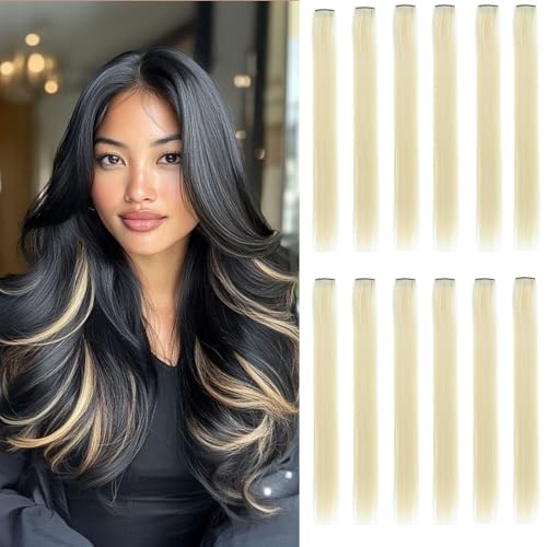 GZVIS 12 Pcs M-White hair extensions 22 Inch Straight colored hair colorful clip in extensions Highlight Party for Kids Girls and Women Gift(M-White,01)