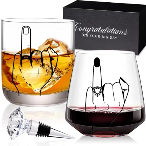 Wedding Gifts for Couples，Engagement Gifts for Newly Engaged Couples, Unique Bridal Shower,Valentine's Day Gifts,14oz Whiskey Wine Glasses with Diamond Wine Stopper Set