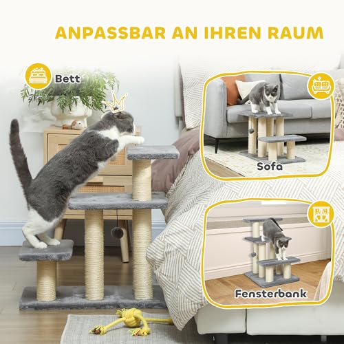 PawHut Hundetreppe 3 Stufen 54 cm Hoch Haustiertreppe für Kleine Hunde Katzentreppe Hunderampe mit Sisal Kratzbäumen, Spielball, Einstiegshilfe für Bett, Sofa, Couch und Auto Grau