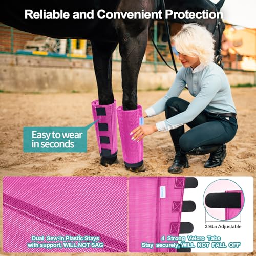 Image of Mesh Horse Fly Boots Set of 4, Loose Fitting Leggings for Horses, Reduce Stressful Stomping, Breathable Adjustable and Universal Fit for 4 Legs, Reliable Stay Put (Pink)