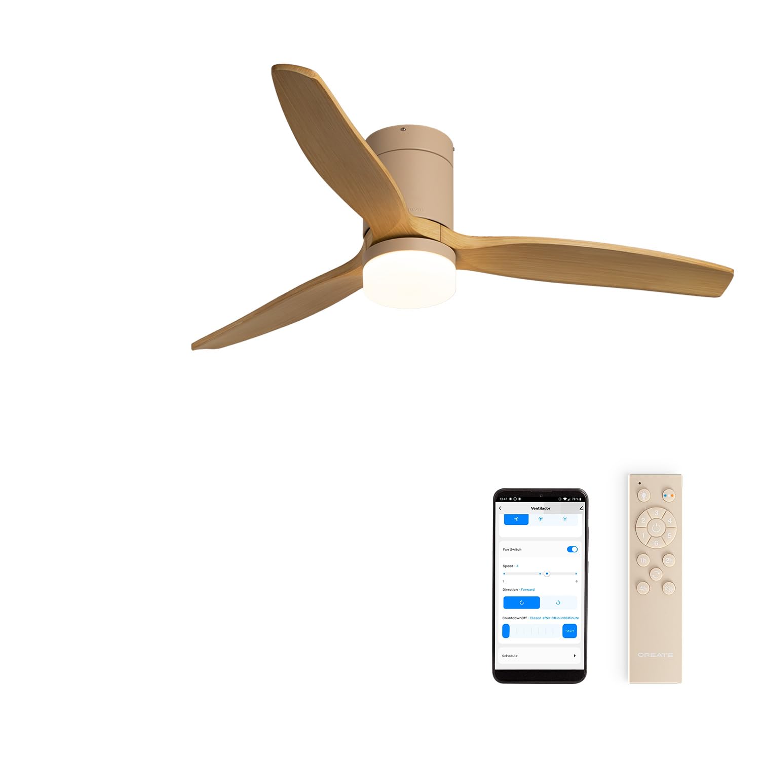 CREATE / WINDCALM M/Ventilador de techo ABS con luz arena efecto aspas madera clara con Wifi y mando / 40W, Silencioso, Ø132 cm, 3 temperaturas de luz, temporizador, función verano-invierno
