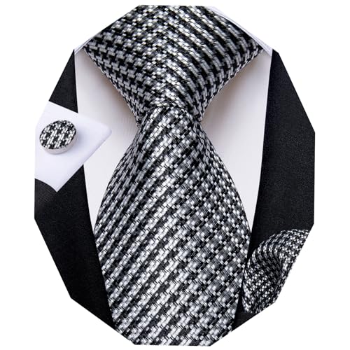 Image of DiBanGu Striped Tie Set for Men Silk Woven Plaid Necktie and Pocket Square Cufflinks Business Wedding