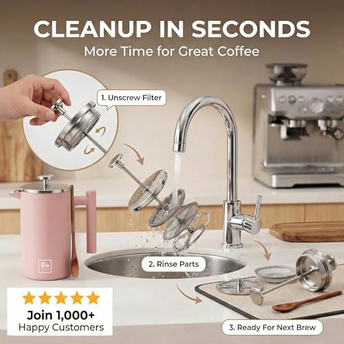 Image of Barista Warrior French Press Coffee Maker - Double-Wall Stainless Steel Insulated French Press with Built-In Thermometer, Dual Filters Coffee Maker with Wooden Spoon - Pink