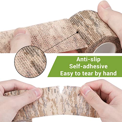 Treaful Desert Camo Wrap Tape, 3 Roll Self-Adhesive Camouflage Bandage for Outdoor Sport Military Camping, 2in x 14.8ft 5Yard Stretch Strip for Sticks Ball Ice Hockey Bat Gun Rugby Rackets Skateboard