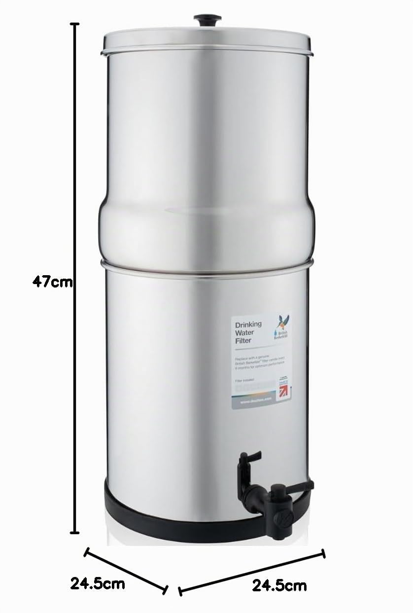 British Berkefeld Sistema De Filtro De Agua Por Gravedad De Acero Inoxidable De 6 Litros | Incl. 2 cartuchos Ultra Sterasyl | Agua limpia con un sabor excelente |No requiere electricidad ni fontanería