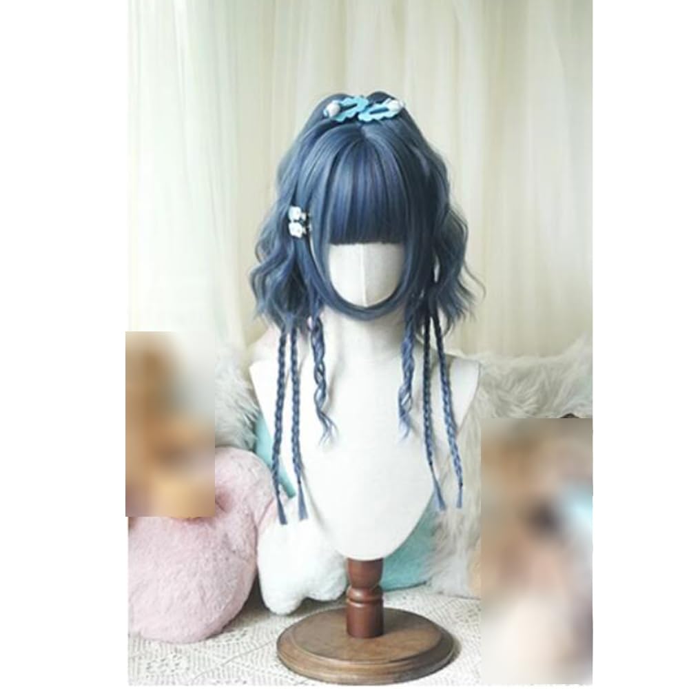 Kawaii Lolita Double Ponytails Wig with Bangs Haze Blue Short Bob Hair Clip on Pigtails Wavy Hair Synthetic Wig for Party