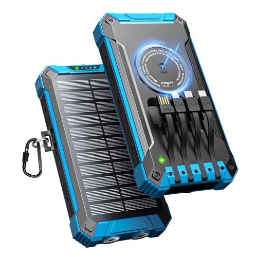 Wireless Solar Powerbank 26800 mAh mit integrierten 4 Kabeln, Power Bank USB-C-Ausgang/Eingang 15W Schnellladung für Handy, Tragbares Solar Ladegerät Externer Akku mit Taschenlampen