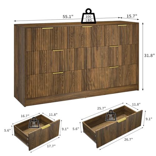 Image of Walnut Fluted 7 Drawer Dresser Bedroom,55 inch Wide Mid Century Wood Dresser with Gold Handles, Chest of Drawer Wooden TV Stand for Closet,Bedroom,Living Room,Walnut
