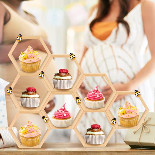 FairySandy 12 Pcs Mini Honeycomb Cupcake Stand Cake Farmhouse Hexagon Display Holder Hexagonal Wood Cupcake Stand Floating Table Sign with 50 Tiny Wooden Bee for Baby Shower (Wood Color) by FairySandy - Image 5