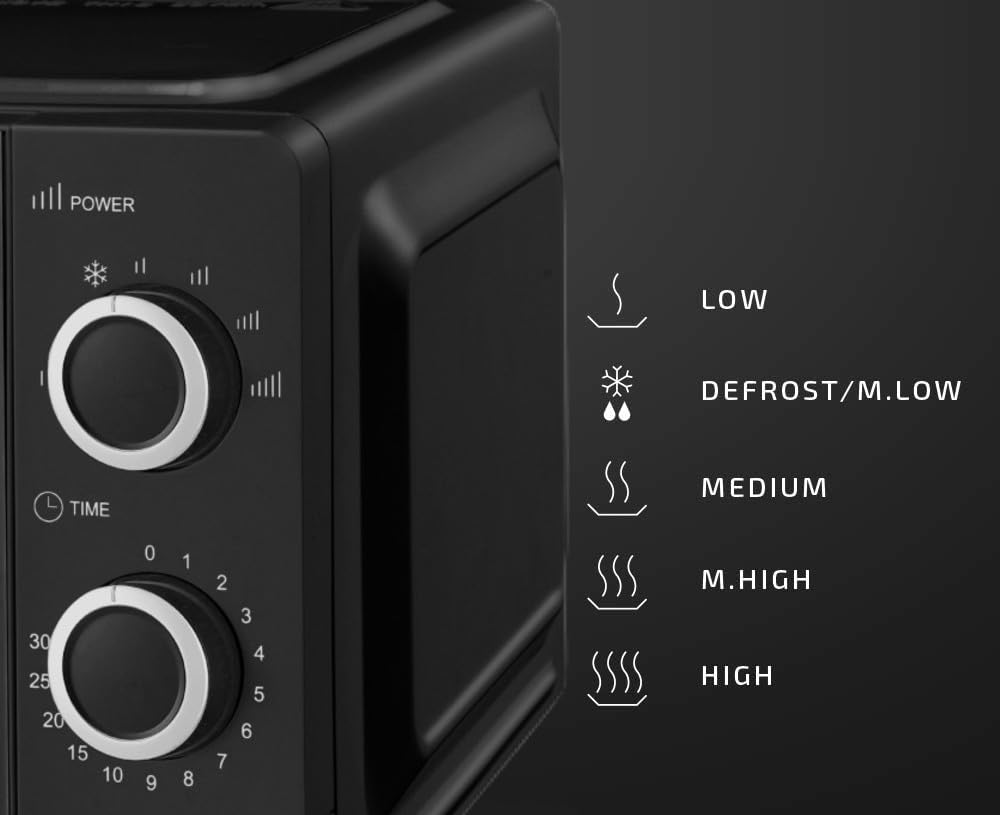 ROYALTY LINE, Microondas 20L 700W Negro RLMWO3818-BLK - Potencia Eficiente, 6 Niveles de Potencia, Función Descongelación, Temporizador 30 Minutos, Diseño Compacto y Estético para Cocina Moderna