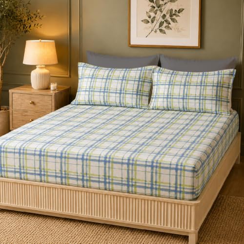 Image of LANE LINEN Symphony | 100% Cotton Sheet Set | Soft & Breathable Fabric | 3 Piece (1 Bedsheet + 2 Pillow Covers) | King Bed Sheet Set - Zesty Blue Crosshatch