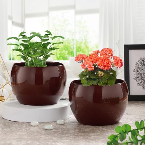 Image of Sunshine Elegant Matte Finished Dustfree Tabletop Brown Flower Pot Planter | Metal Plant Pot for Indoor Succulent Plants, Living Room, Home Decor, Office, Restaurant (Set of 2)