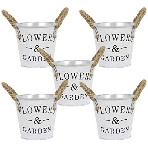 Portable Flower Pots, Iron Hanging Flower Pots, Balcony Garden Pots Wall Planters Metal Bucket Flower Holders with hemp rope Decorative Handles - 5 Set Cover
