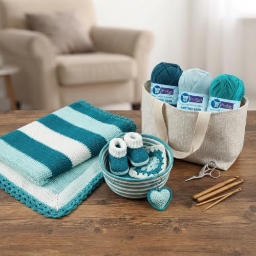 Image of ProKart - 4 Ply Plush & Cuddly for Knitting & Crochet | Pastel Yarn for Baby Toys & DIY Crafts | 100g, Pack of 4 (Dark Teal Blue, Teal Blue, White, Baby Blue)