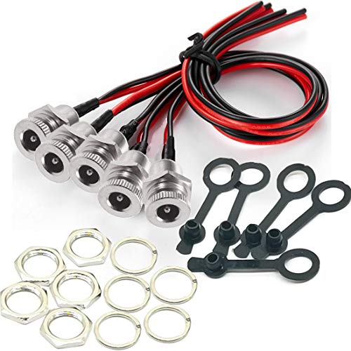 QOFOWIN 5.5 x 2.1 MM 8A DC Power Jack Cord Socket Threaded Female Mount Connector with Pre-soldered Wires and Waterproof Cover Cap for CCTV Surveillance Security Camera System