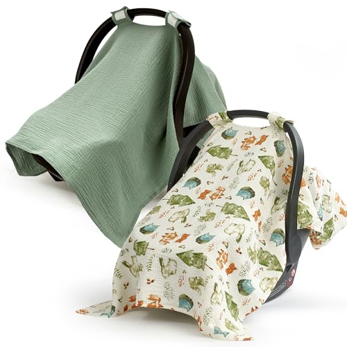 Image of SERAPHY 100% Muslin Cotton Car Seat Cover Baby, 2 Pack Universal Carseat Covers Baby Boy Girl, Breathable Car Seat Canopy, Soft Infant Car Seat Cover for Summer and Winter—2 Pcs Green&Forest
