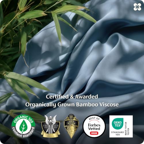 Image of Bedsure 100% Organically Grown Bamboo Viscose Queen Sheet Set | Cooling Bedsheets for Hot Sleepers | Luxury Silky Soft PureWoven | 18 inch Deep Pocket with Corner Straps | Oeko-Tex [Mineral Blue]