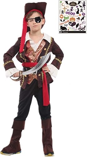Amazon Co Jp Madrugada パイレーツ キッズ 海賊 船長 高級タイプ ブラウン ハロウィン タトゥーシール付き 2点セット キッズコスチューム 男の子 S702 L 服 ファッション小物