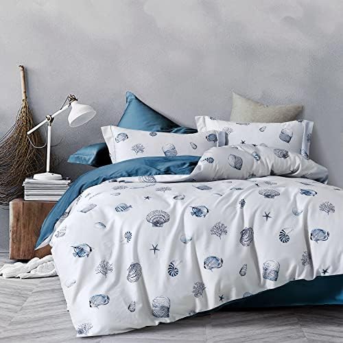 MILDLY 100% Washed Cotton Duvet Cover - Nautical Coastal Bedding Set Seashell Printed Blue Comforter Cover Set with Zipper Closure 4 Ties Queen Size