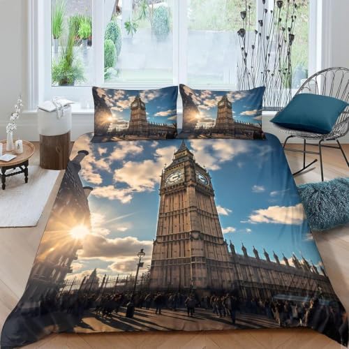 Housse de Couette 140x200 Londres Big Ben Parure de Lit 1 Personne Paysages Urbains Imprimée 3D Microfibre Literie Set 3 Pièces avec Housses Couettes et 2...