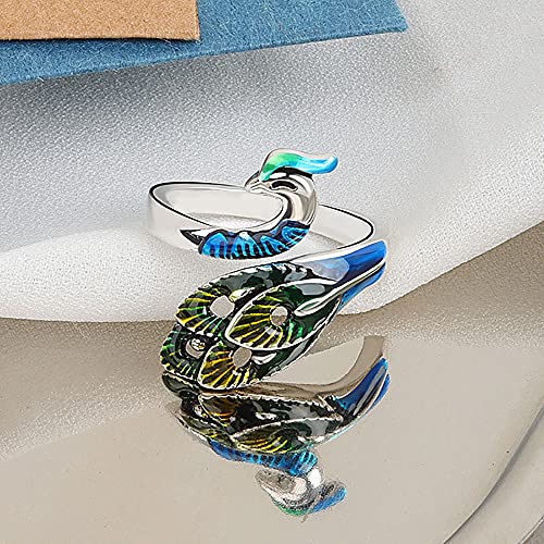 Vintage Enameled Peacock Ring For Women Girls Silver Plated Statement Adjustable Expandable Animal Open Band Finger Rings Comfort Fit Boho Delicate Mother's Day Jewelry #TOP2