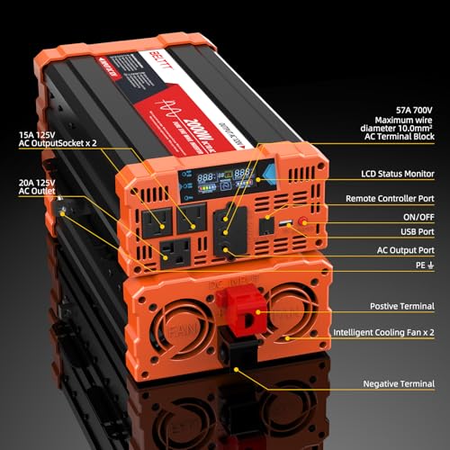 belttt 2000w pure sine wave inverter car power inverter 12v to 120v ac converter for rv truck solar outdoor with dual ac and 20a socket 5v 21a usb surge 4000w hardwire port remote controller