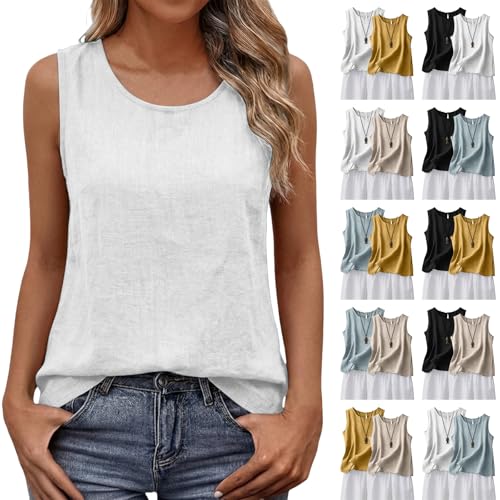 Débardeur coton lin femme col rond caraco uni t-shirt été sans manches chemisier voyage léger