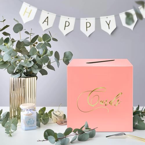 Image of Pink and Gold Card Box Gift Card Box Holder Envelope Box for Wedding Birthday Baby Shower Retirement Party Card Box