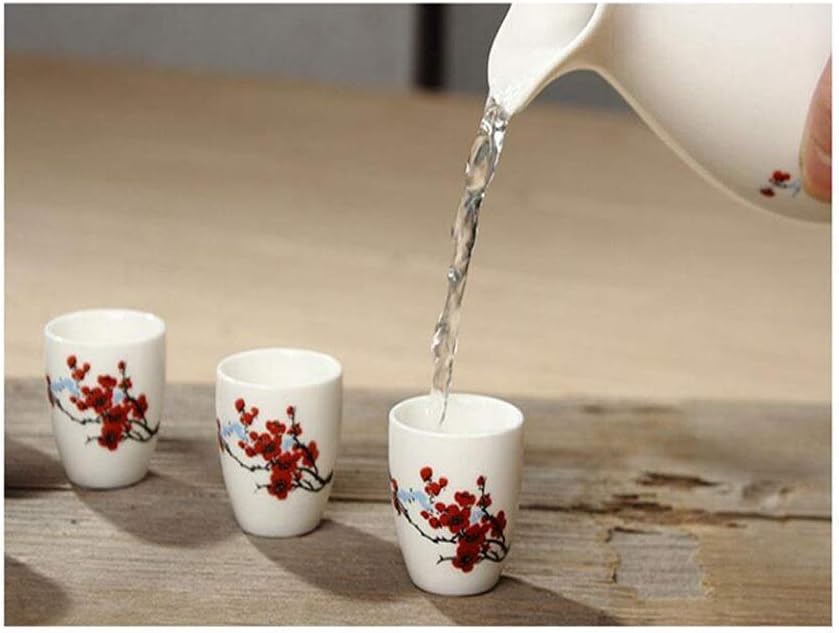 Wine Set Ceramic Sake Set, Hand-Painted Pattern, Japanese Style, 6 Wine Glasses, 1 Wine Jug,C