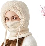 3 in 1 Beanie Hat with Scarf and Mask, Tinycious 3 in 1 Beanie Hat for Women, Balaclava Hats Knitted Ski Scarf and Mask Set (Beige)