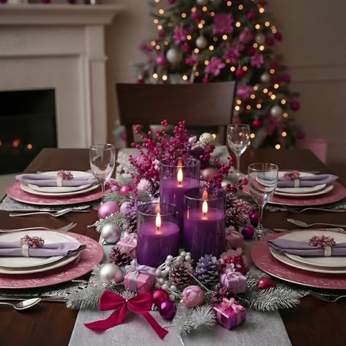 Image of Homemory Purple Glass Flameless Candles, Battery Operated LED Pillar Candles with Remote Control and Timer, Radiance Candles, Real Wax, Set of 3,D3 xH4 5 inch 6 inch