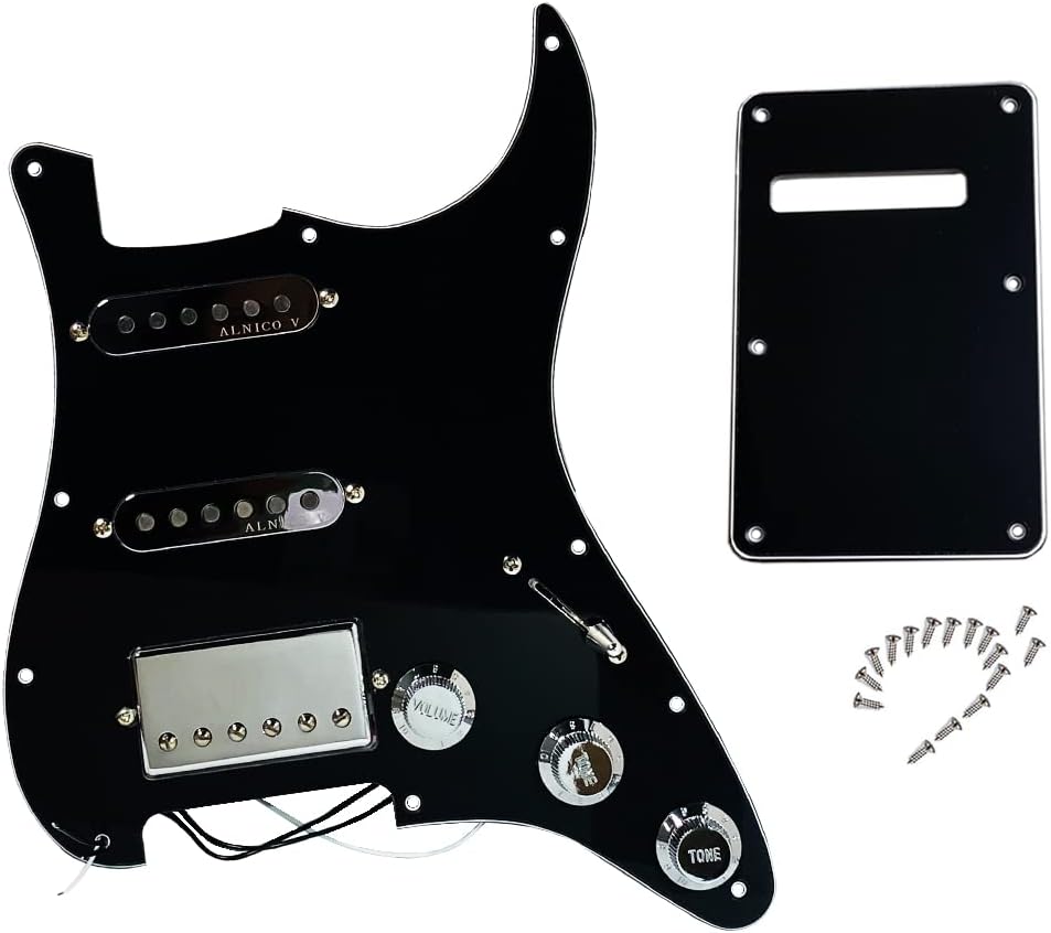 Alnicov Loaded Prewired Pickguard Set SSH Alnico V Single Coil Humbucker Tonabnehmer, für Fender Strat ST E-Gitarrenersatz, Schwarz