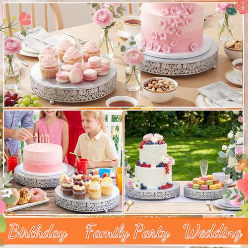 Wenqik 2 Pack Cake Stand Set, 14/16 Inch Metal Round Cupcake Dessert Stand Decorative Elegant Cake Display for Weddings Party Birthday Baby Showers Anniversary(Classic Floral,Silver) by Wenqik - Used condition - Image 6