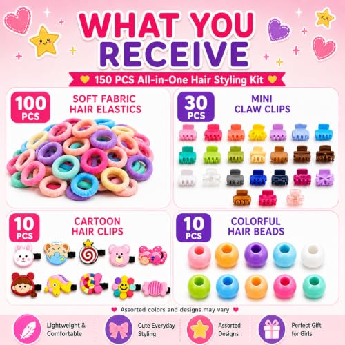 Image of 150 Pcs Hair Accessories for Kids Girls | Cute Baby Hair Clips, Rubber Bands, Hair Beads & Mini Claw Clips Combo | Hair Accessories for Baby Girl | Kids Hair Clips Set | Mixed Designs