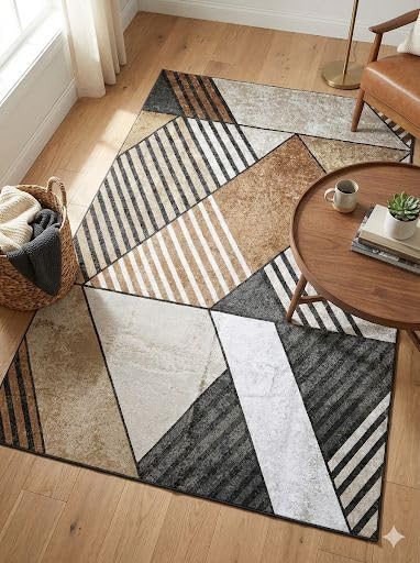 Image of CASA-NEST Abstract Velvet Area Rug (4x6 ft), Non-Skid Backing, Contemporary Multi-Pattern Floor Carpet for Living Room - Tan Striped Patchwork