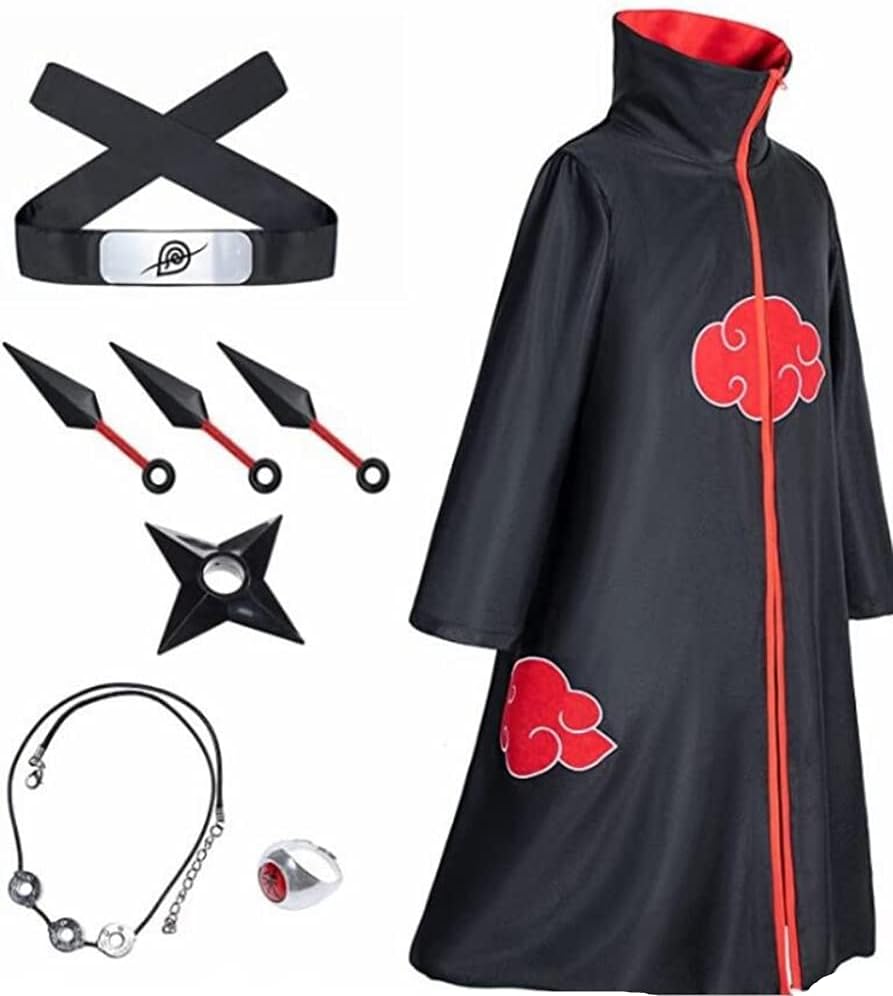 AOGD Naruto Cape Akatsuki Uchiha Itachi Disfraz de Cosplay Fiesta de Carnaval de Navidad de Halloween Disfraz Nube Roja Abrigo Venda Kunai Collar Anillo Accesorios Naruto Niño Adulto Unisex Set