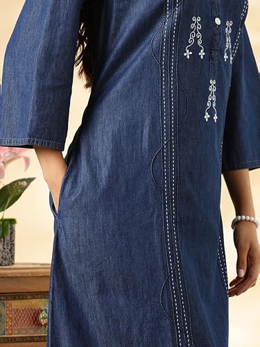 Image of 9shines Label Comfortable Cotton Denim Finish Nightdress for Women with Button Placket and Pocket(9SDLSS)