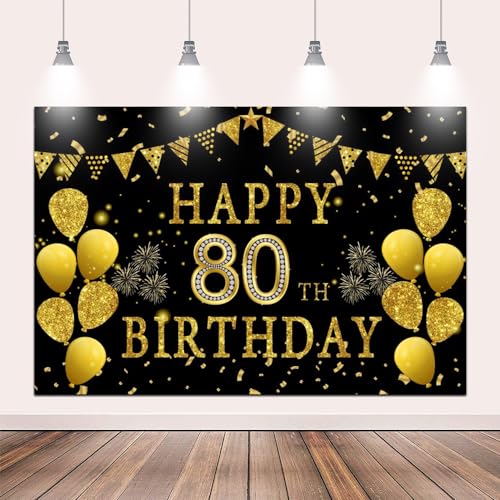 Pnylzzyxh 8x6ft Happy 80th Birthday Party Photography Backdrop, Glitter Black and Gold Balloons Background for Woman Man Fabulous 80 Bday Shining Diamond Eighty Years Old Birthday Party Supplies by Pnylzzyxh - Used condition - US$25.33