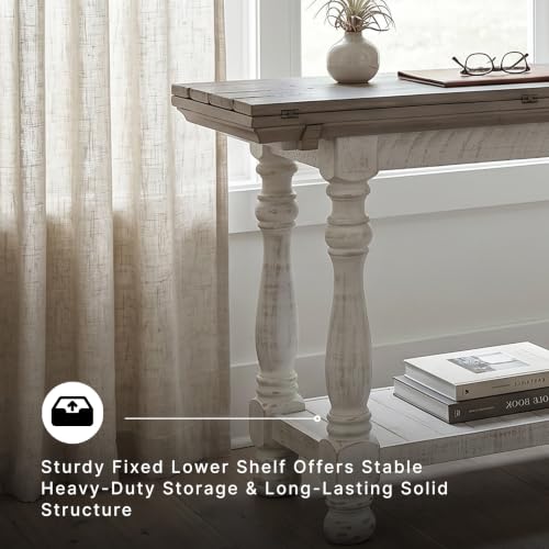 Image of Signature Design by Ashley Havalance Farmhouse Sofa Table, Flip Top Design for Additional Dining Space and Fixed Lower Shelf, Gray & White with Weathered Finish