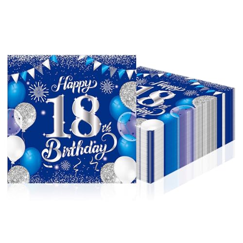18 Ans Anniversaire Garcon Serviette Anniversaire Pour Fête 18 Ans – Lot De 40 Serviettes Papier Bleu Argent, Décoration De Table Jetable, Motif Ballons Pour Garçon Fille, Buffet Et Goûter