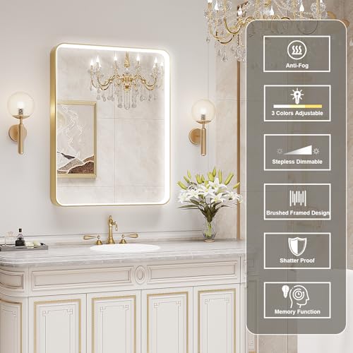 Oerbasz LED Mirror for Bathroom 24X32 Inch Gold Framed with Anti-Fog, Stepless Dimmable, Front Lit, LED Bathroom Vanity Mirror for Wall, Memory Function, Shatter-Proof by Oerbasz - Image 6