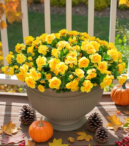 Ivydale Artificial Fake Flowers Plants for Outdoor Outside Fall Decor, Faux Silk Yellow Camellia UV Resistant Look Real for Planter Pot Porch Patio Balcony Garden Yard, 3 Large Bundles